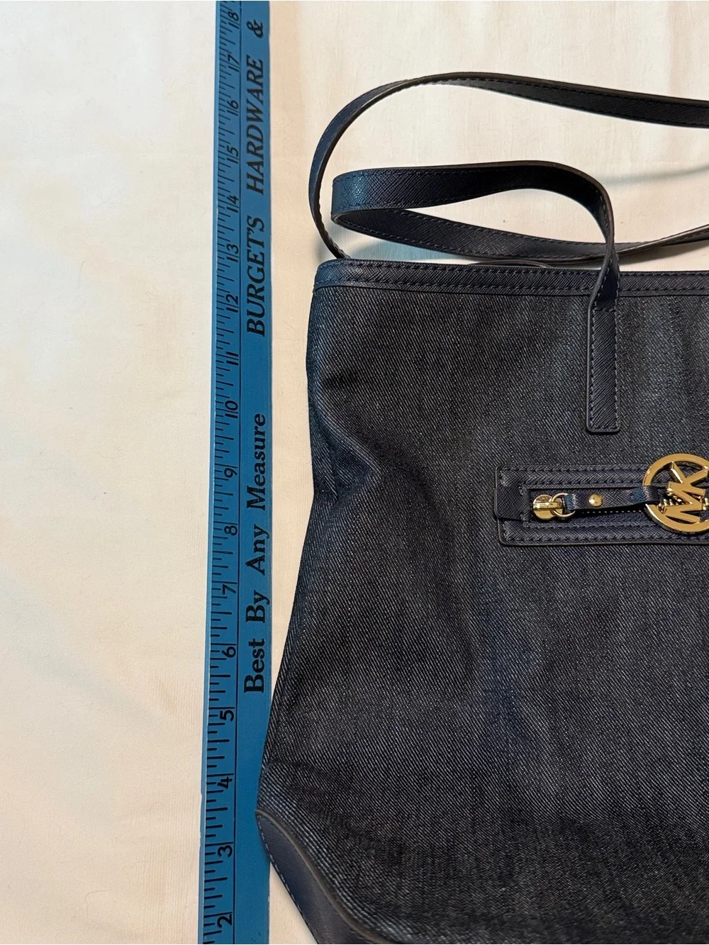 Michael Kors Denim Tote Bag Navy Blue Large Zip Top Laptop Shoulder Bag - Picture 3 of 10
